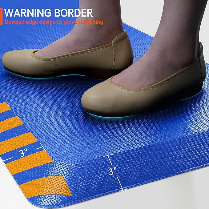FEATOL Anti Fatigue Mats Industrial 2 Packs, Ergonomic Standing Floor Mat for Work for Stand, Blue with Yellow Border Safety 20" x 59"-Support for Leg & Back Pain