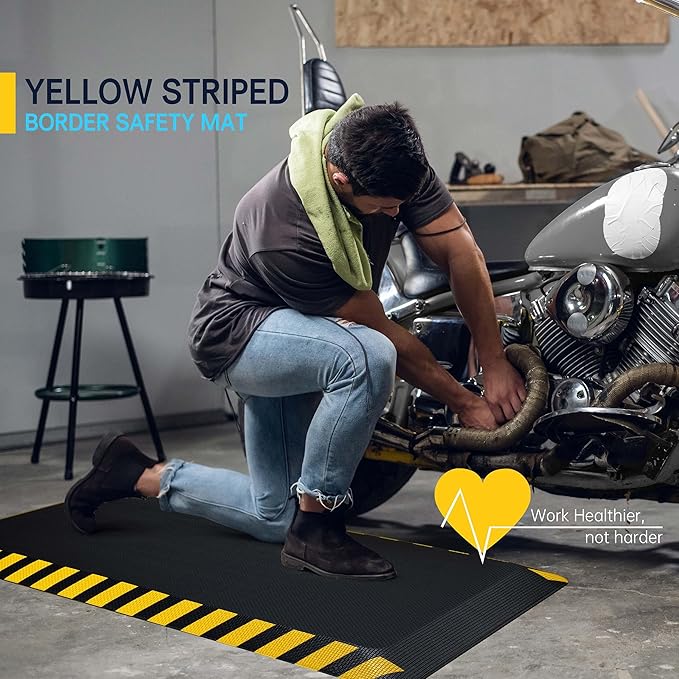 FEATOL Anti Fatigue Mat Industrial, Ergonomic Standing Floor Mat for Work for Stand, Black with Yellow Border Safety 24" x 70"-Support for Leg & Back Pain