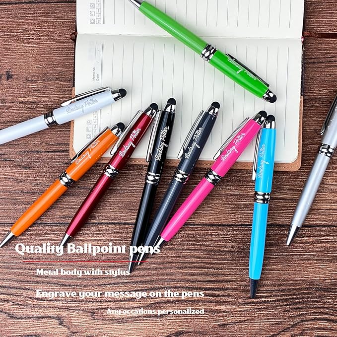 Ancolo Personalized retractable pens with Stylus tip stylish pens - Engraved with Your Name or Message, Phone Number Black ink Gift for Bank, Office, Hotel Lobbies 10 Pens/Box