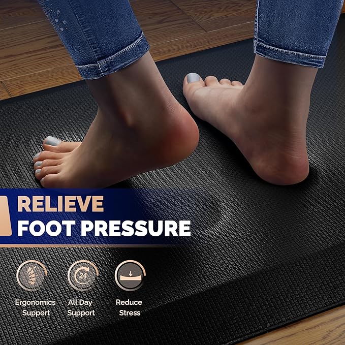 FEATOL 4 Packs Anti Fatigue Mats for Kitchen Floor Thick Cushioned Standing Desk Mat, Ergonomic Kitchen Mats Set of 4, Memory Foam Comfort Floor Padded Foam Rugs, Non-Slip (20" x 39", Black)