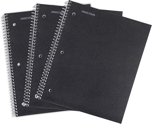 Mintra Office Durable Spiral Notebooks, 1 Subject, (Black, Wide Ruled 3 Pack), 100 Sheets, Poly Pocket, Moisture Resistant Cover, Strong Chipboard back, For School, Office, Business