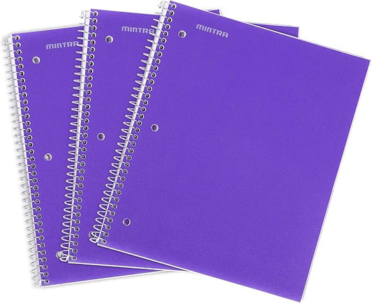 Mintra Office Durable Spiral Notebooks, 1 Subject, (Purple, College Ruled 3 Pack), 100 Sheets, Poly Pocket, Moisture Resistant Cover, Strong Chipboard back, For School, Office, Business