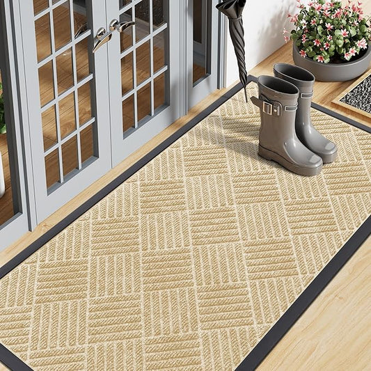 Smiry Front Door Mat Outside Entrance, Heavy Duty Outdoor Indoor Natural Rubber Doormat, Non Slip, Trap Dirt and Moisture, Easy Clean, Low Profile Patio Porch Entryway Mat, 71x23, Beige