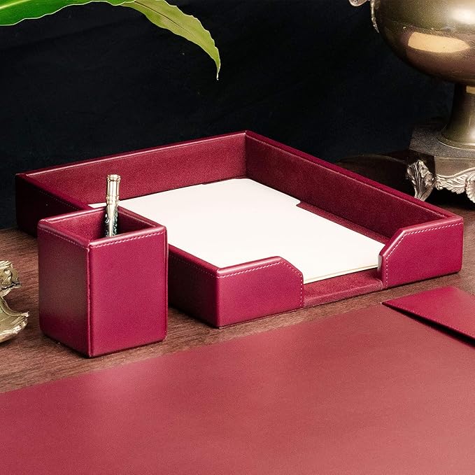 Dacasso Burgundy Bonded Leather Luxury Letter Tray Holder & Paper Organizer for Desk - Executive Desk Decor & Office Organization Essential