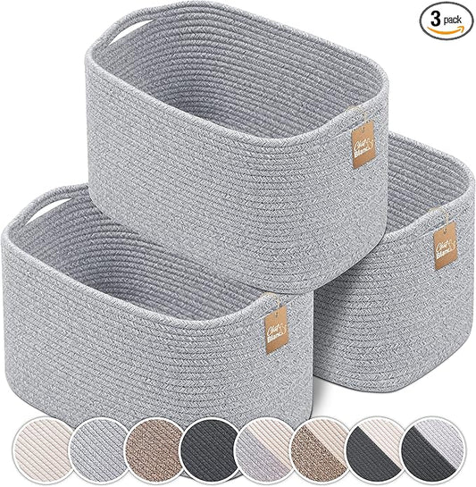 CHAT BLANC Cotton Rope Baskets for Organizing | Storage Baskets for Shelves | Rope Basket for Storage, Small Laundry Baskets, Woven Baskets for Storage, Dog Toy Bin, Baby Basket, Gray 3 Pack