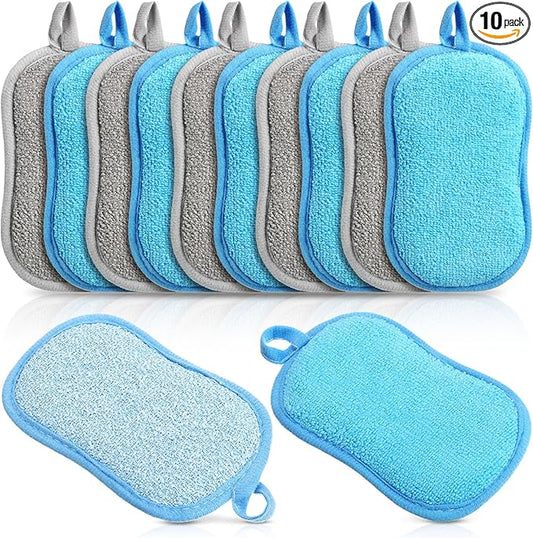 Boao 10 Pieces Multipurpose Kitchen Scrub Sponges, Non-Scratch Microfiber Scrub Sponges for Kitchen Reusable Scouring Pads Sponge Scrubber for Household Cleaning Dishes and Pots(Blue, Gray)