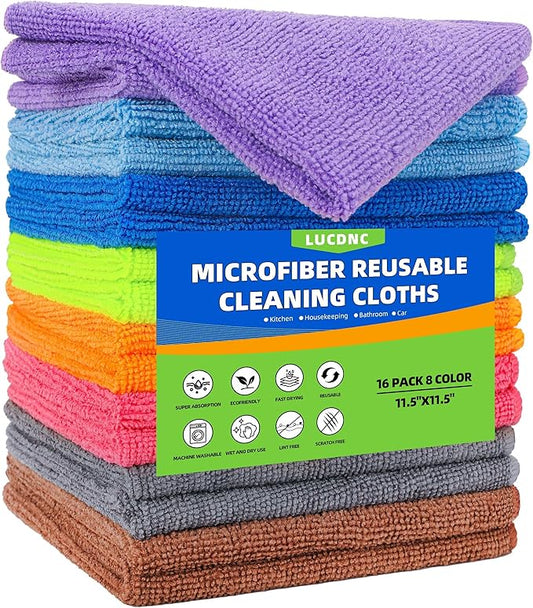 Microfiber Cleaning Cloths 16 Pack 8 Color Cleaning Rags for Housekeeping Home Kitchen Bathroom Car,11.5"X11.5" Soft Lint Free Wet and Dry Use Dusting Cleaning Supplies Towels