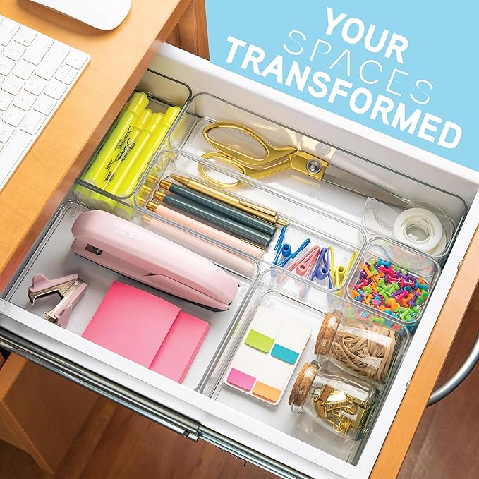 Plastic Clear Acrylic Drawer Organizers. Bathroom, Kitchen, Bedroom, Utensils, Office Organizer Bins, Storage Trays. Heavy Duty, Stackable. 3" x 3" x 2" Set of 6