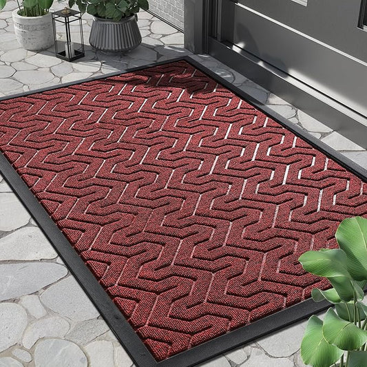 Yimobra Front Door Mat Outside Entrance 29.5x17, Waterproof Heavy Duty Outdoor Mats for Front Door, Non Slip Rubber Entry Mat for Garage Patio, Black Red
