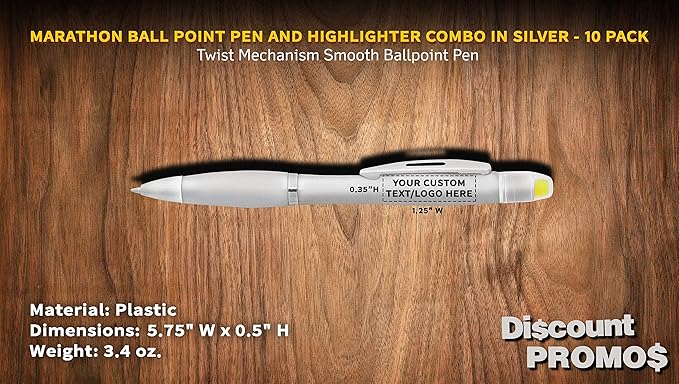 DISCOUNT PROMOS 10 Marathon Gel Highlighter Pens Pack - Customizable Text, Logo - Twist Mechanism, Ballpoint - Silver