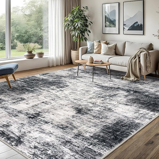 IOHOUZE Abstract Area Rugs 8x10 Ft Washable Large Rugs for Living Room, Non Slip Dining Room Rug, Printed Faux Wool Rugs for Bedroom, Floor Carpet for Office Nursery Playroom, Black Grey
