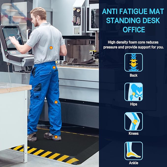 FEATOL Anti Fatigue Mat Industrial, Ergonomic Standing Floor Mat for Work for Stand, Black with Yellow Border Safety 20" x 59"-Support for Leg & Back Pain