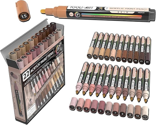 TOOLI-ART 22 Acrylic Paint Markers Paint Pens Pro Color Series Set 3mm Medium Tip for Rock Painting, Glass, Mugs, Wood, Metal, Glass Paint, Canvas, DIY. Non Toxic, Waterbased, Quick Drying (SKIN)