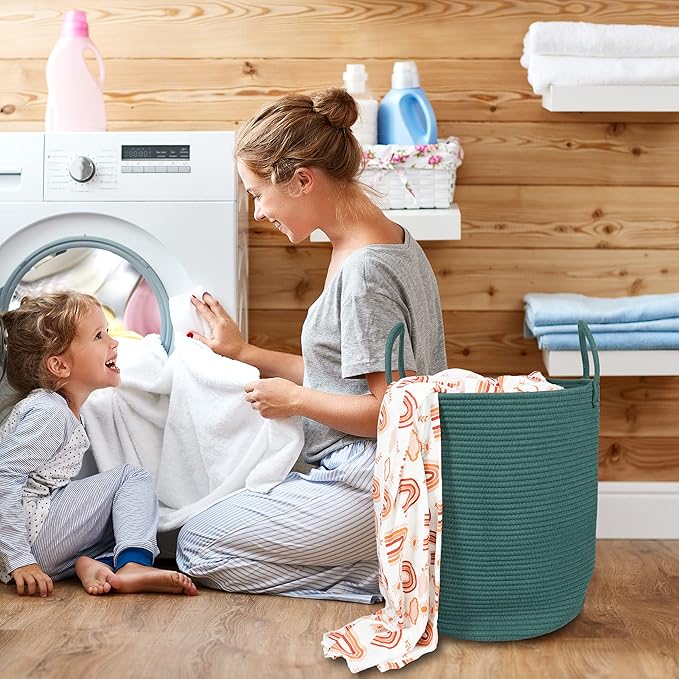 Cotton Rope Laundry Basket Hamper for Clothes Woven Storage Basket for Living Room Bedroom Boho Tall Rope Baskets for Blanket Toys Pillow Towels Baby Nursery Hamper Bin Large dark green