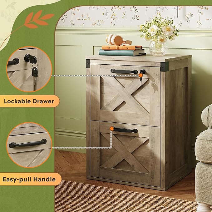 DEVAISE 2 Drawer File Cabinet with Lock, Wood Farmhouse Filing Cabinet for Home Office, Printer Stand Fits Letter and A4 Size, Gray Oak