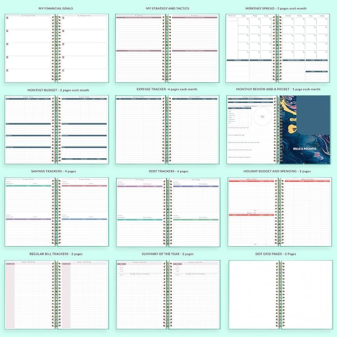 GoGirl Budget Planner & Monthly Bill Organizer – Monthly Financial Book with Pockets. Expense Tracker Notebook Journal, Large (Mint Green)