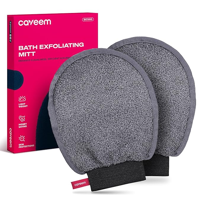 Exfoliating Mitt, Body Scrubber for Deep Exfoliation, Korean Scrub Mitt, Turkish Body Exfoliator for Remove Dead Skin, Gentle Lightweight Loofah Bath Glove for Shower (2 Pack)