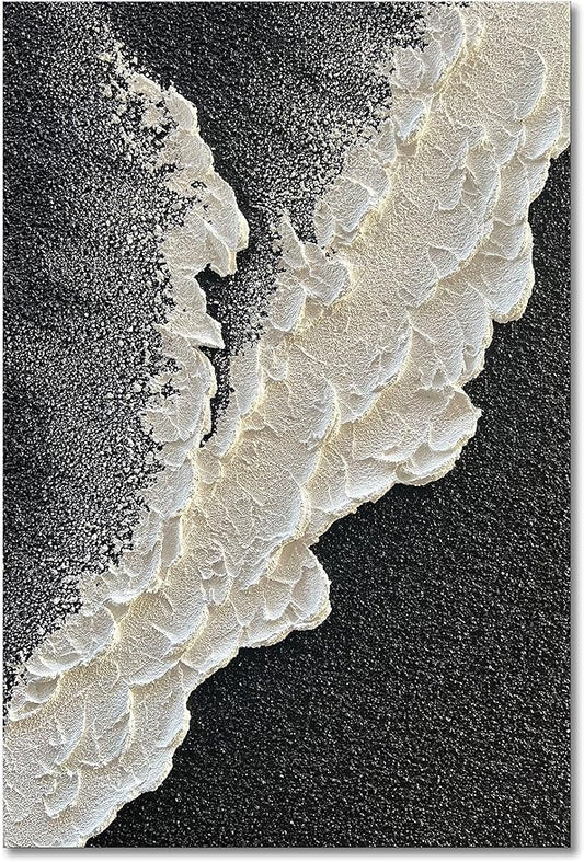 NANKAI Handcrafted Thick Texture Black and White Abstract Canvas Art Ocean Wave Beach Landscape Oil Painting Home Wall Art Deco Oil Painting 24X36 Inches