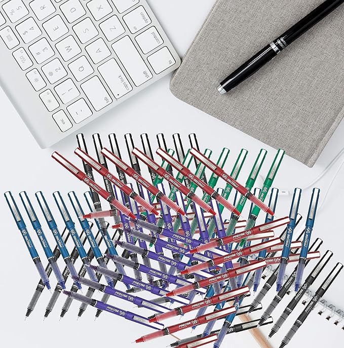 Precise V7 Stick Rolling Ball Pens, Fine Point (.7mm), Black Ink, 3-pk; Bundle with Plastic Reusable Pouch